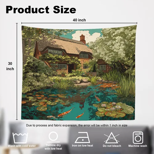 Vista 5 de Shrahala Peaceful Retreat Charming Abode Tapestry, Verdant Landscape Water Wall Hanging Hd Print Polyester Backdrop For Dorm Room Bedroom 30 X 40 In