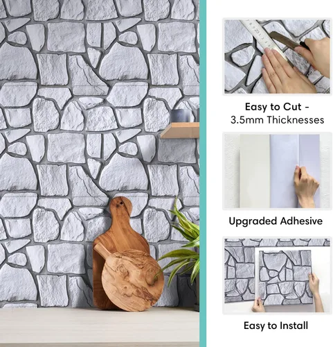 Vista 5 de Commomy 10 paneles de pared de piedra 3D para despegar y pegar, panel de pared de piedra sintética de 11.8 x 11.8 pulgadas, papel tapiz de ladrillo