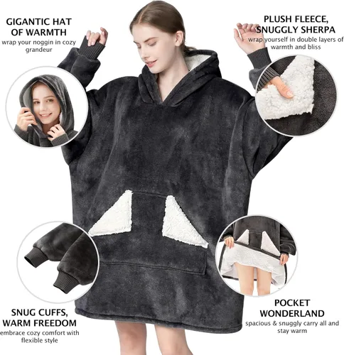Vista 3 de Touchat - Manta con capucha portátil, sudadera con capucha de forro polar sherpa de gran tamaño con bolsillo gigante y mangas para adulto, regalo