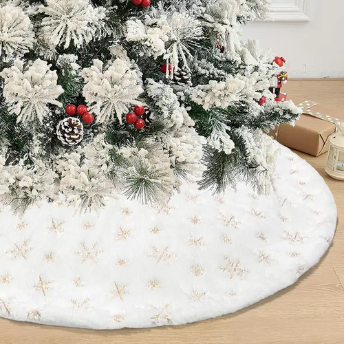Vista 6 de Dremisland Falda para Árbol de Navidad 36" Grande Blanca y Dorada de Lujo de Piel Sintética con Copitos de Nieve Falda para Árbol Super Suave
