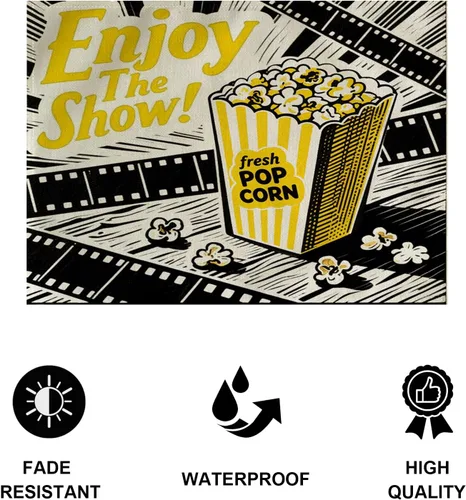 Vista 4 de Juego de 4 manteles individuales con temática de película vintage, diseño de palomitas de maíz, proyector, tablilla, estrellas, impermeables