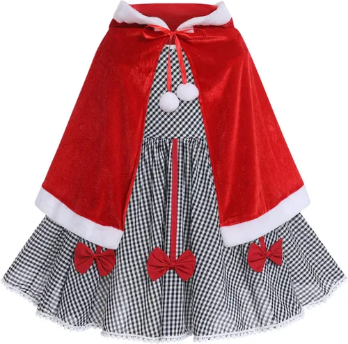 Vista 14 de IDOPIP Vestido de fiesta de Navidad para mujeres y niñas, vestido de tutú a cuadros rojos con capa con capucha, disfraz familiar a juego