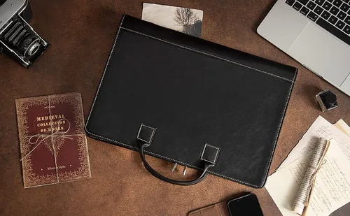 Vista 3 de Calfinder Cartera de cuero con asa, funda de transporte ligera con bolsillo para portátiles de hasta 15 pulgadas, con soporte para bloc legal, Negro