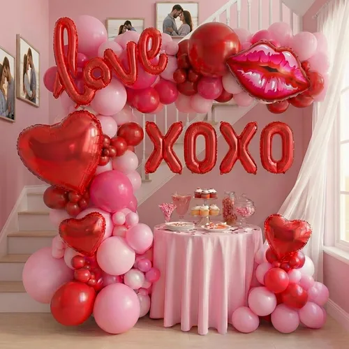 Vista 11 de Kit de arco de guirnalda de globos rosa y rojo, 108 piezas con globos de labios de estrella de aluminio para niñas, mujeres, cumpleaños, día