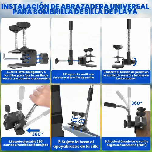 Vista 7 de Sombrilla de playa, paquete de 2 paraguas para silla de 48.7 pulgadas con abrazadera ajustable de 360°, protección UV, sombrilla grande para silla