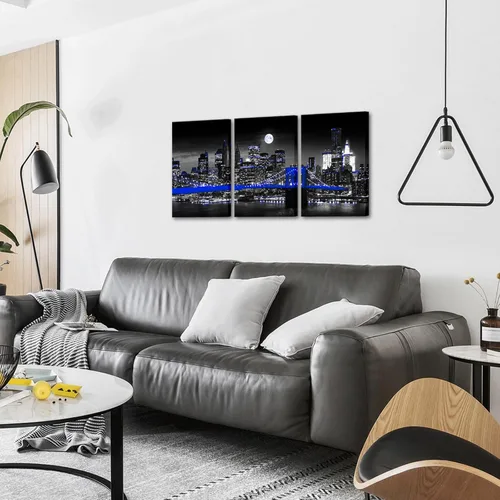 Vista 4 de Biuteawal Lienzo de ciudad negro y azul con impresión de paisaje urbano de Nueva York, puente de Brooklyn en la noche de la luna, pintura