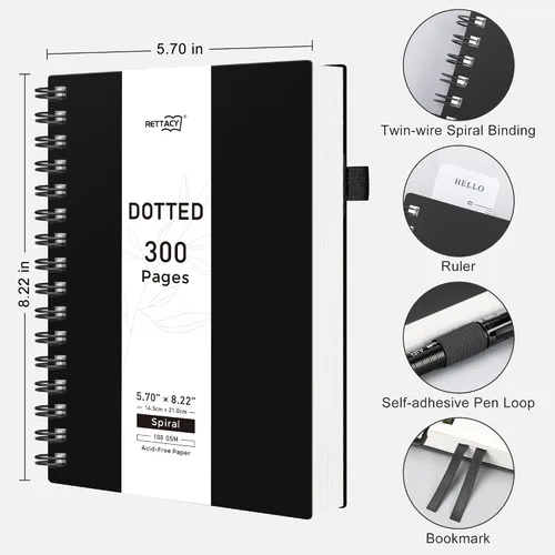 Vista 2 de RETTACY Cuaderno de diario punteado, 300 páginas, tamaño mediano A5