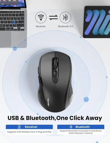 Vista 2 de TECKNET Mouse inalámbrico Bluetooth para laptop, mouse inalámbrico USB-A de 2.4G, 6 niveles ajustables 4000 DPI, ratones portátiles con receptor y 6
