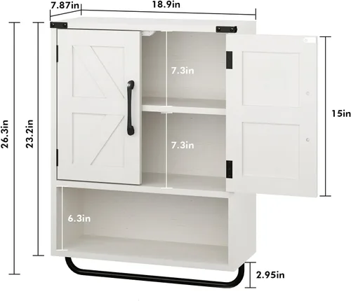 Vista 3 de RUSTOWN - Armario de almacenamiento de pared con 2 puertas de granero y toallero Botiquín de montaje rústico con estante ajustable, 3 niveles
