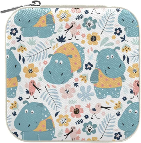 Vista 7 de ZZKKO Joyero pequeño con diseño floral de hipopótamo, joyero de viaje, organizador de viaje de cuero, mini cajas de almacenamiento portátiles