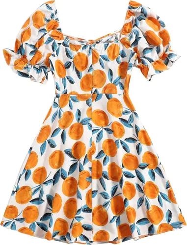 Vista 2 de Floerns - Vestido corto acampanado de verano para mujer, con cordón ajustable, escote de corazón y manga abullonada