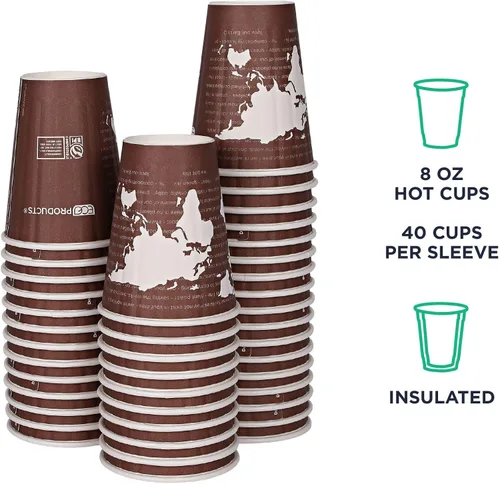 Vista 2 de ECO PRODUCTS Tazas de café desechables aisladas compostables World Art 8 onzas, paquete de 40, vaso de papel caliente renovable de doble pared