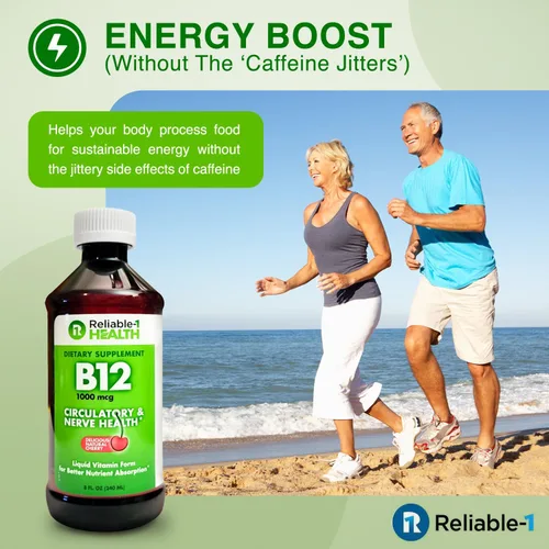 Vista 5 de Reliable-1 Laboratories Suplemento diario de vitamina B12 líquida de 1000 mcg para hombres y mujeres adultos, sabor a cereza natural