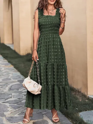 Vista 4 de MASCOMODA Vestido largo bohemio sin mangas fruncido para mujer, con tirantes de hombro sólidos, lunares suizos, acampanado, para fiesta, escalonado