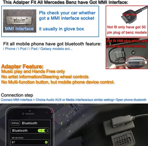 Vista 2 de Adaptador Bluetooth compatible con Mercedes Benz Car Apple Android Phone Music MMI Interfaz Cable inalámbrico Dispositivos con capacidad