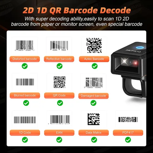 Vista 4 de Escáner de código de barras con anillo Bluetooth, escaneo rápido y de largo alcance, mini escáner inalámbrico portátil 1D y 2D Bluetooth de código