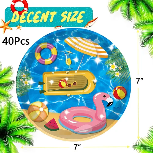 Vista 2 de 40 piezas de suministros para fiesta de playa, pelota de playa, piscina, platos de fiesta de verano de 7 pulgadas, platos de papel para piscina