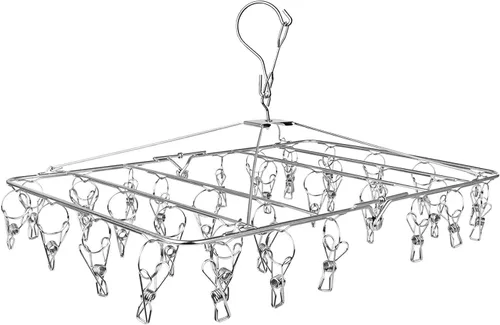 Vista 2 de DKKO Perchero de secado de ropa de acero inoxidable, colgador de ropa plegable con 30 clips, calcetines y ropa interior, perchas a prueba de viento