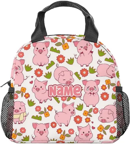 Vista 11 de Lonchera de cerdo – Lonchera aislada para niños – Bolsas de almuerzo rosadas lindas con bolsillos – Lonchera congelable mediana de 8L para la escuela