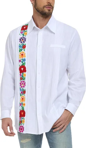 Vista 5 de YZXDORWJ Camisas mexicanas para hombre, camisa de guayabera cubana, casual, manga larga, bordada, de lino, para verano, playa