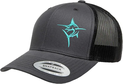 Vista 30 de Embroidered Swordfish Trucker Hat for Men & Women – Adjustable Mesh Back Snapback Baseball Cap for Fishing Negro-swwt