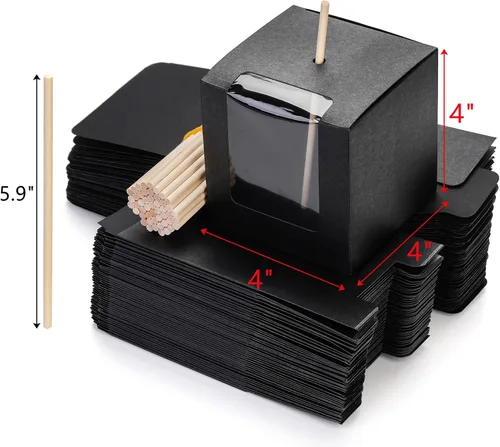 Vista 2 de ZEAYEA Paquete de 50 cajas de manzana de caramelo con agujero y palos, caja de regalo de manzanas de caramelo de 4 x 4 x 4 pulgadas con ventana