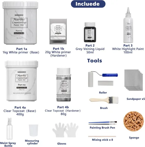 Vista 3 de NADAMOO - Kit de pintura para encimera de mármol blanco para cocina y baño, kit de reacabado para encimera que cubre hasta 35 pies cuadrados.