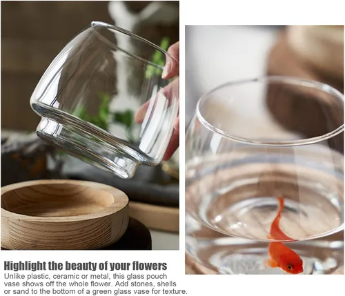 Vista 9 de Jarrón de cristal con base de madera desmontable, pequeña planta hidropónica de escritorio, terrario ecológico para acuario, florero para peces