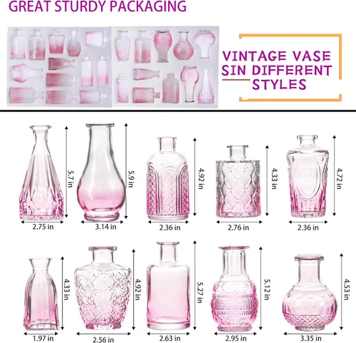 Vista 7 de Juego de 24 jarrones pequeños de cristal rosa para centros de mesa de fiesta Flaco, Floral, Boda, Jardín, Decoraciones de Mesa, Entradas, Hogar