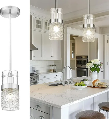 Vista 16 de LMS Lámpara colgante dorada, 1 luz colgante para isla de cocina con vidrio martillado, LMS-171
