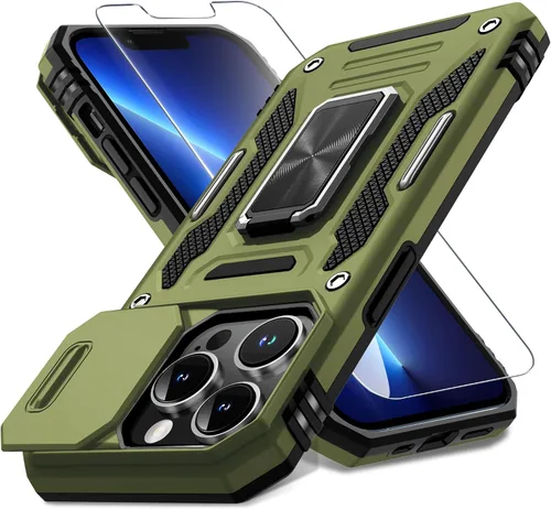 Vista 327 de DEERLAMN Funda para iPhone Xs Max con funda deslizante para cámara + protector de pantalla, soporte giratorio de anillo de grado militar a prueba