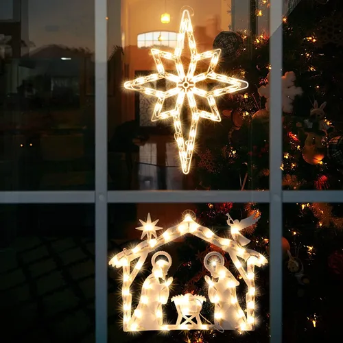 Vista 9 de Paquete de 2 Luces de Ventana de Navidad Iluminadas, Luces de Silueta de Ventana de Navidad, Lámpara de Señal de Doble Cara para Decoración de Pared