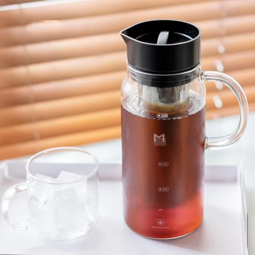 Vista 5 de Cafetera de café frío, jarra de café helado de 34 oz/1 L con filtro de acero inoxidable extraíble, jarra de cerveza fría de vidrio para café helado