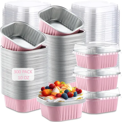 Vista 13 de Aoriher 300 piezas de moldes mini para pasteles de 10 onzas con tapas, moldes de papel de aluminio para hornear, moldes cuadrados desechables
