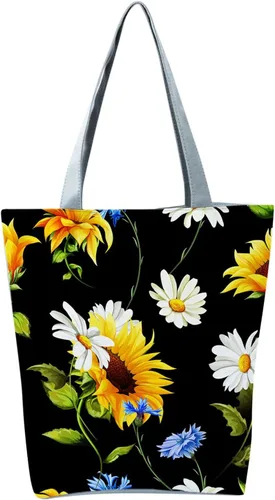 Vista 2 de Bolsos de hombro para mujer, estilo holgado, moderno, gran capacidad, con cremallera, estampado de girasoles