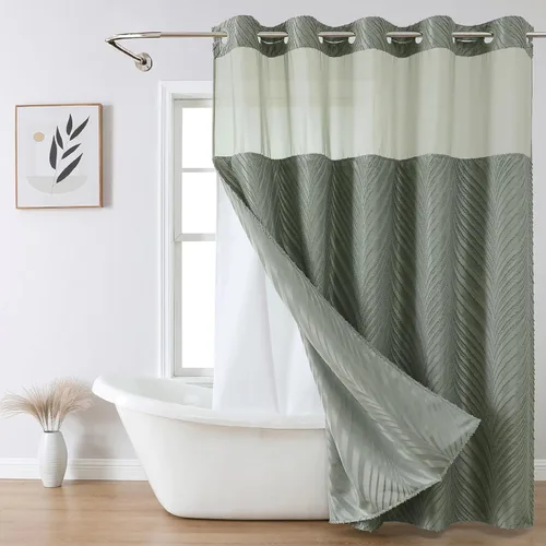 Vista 19 de eachope stall no Hook - Cortina de ducha mechonada con juego de forro a presión, forro interior de tela impermeable blanca, cortina de ducha