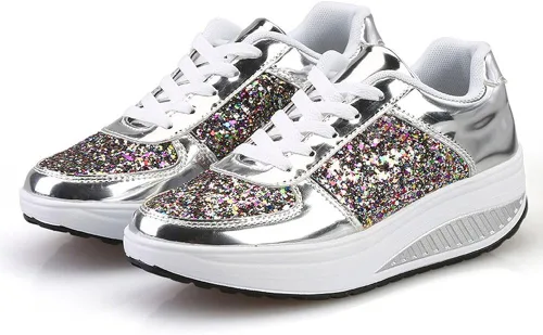 Vista 4 de Hbeylia Zapatos deportivos de moda con plataforma para mujer, de piel con purpurina, estilo casual, parte inferior gruesa, tacones altos, zapatos