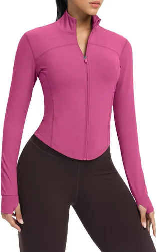 Vista 7 de AVGO Chaquetas de entrenamiento recortadas para mujer, con cremallera, ajustadas, atléticas, con agujeros para el pulgar