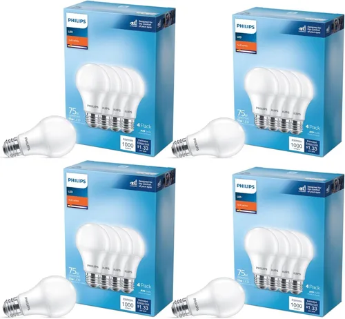 Vista 19 de PHILIPS LED 40W A19 4-Pack Basic Soft White (2700K) 450 Lumen (6.5W = 40W) Frosted Flicker-Free Light Bulbs
