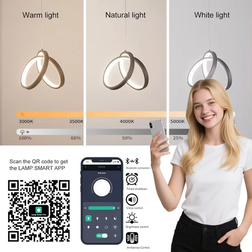 Vista 6 de Iluminación colgante moderna de isla, con control remoto regulable y aplicación de lámpara Samrt, lámpara de techo negra colgante ajustable