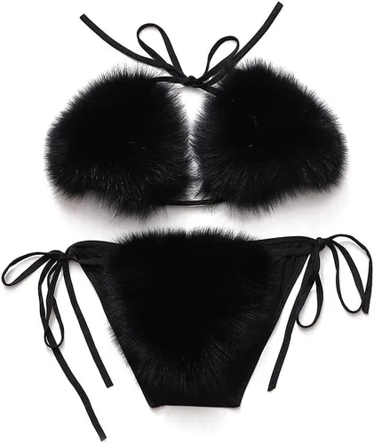 Vista 17 de ZOSCGJMY Conjunto de bikini de dos piezas de piel sintética para mujer Beige