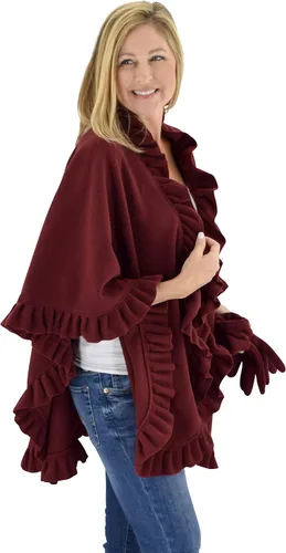 Vista 3 de Poncho de forro polar con volantes para mujer con guantes a juego