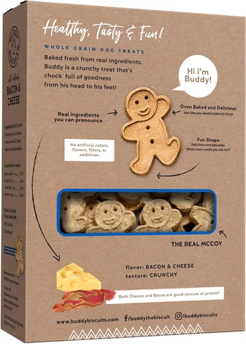 Vista 2 de Buddy Biscuits Caja de 16 onzas de golosinas crujientes para perros hechas con tocino y queso (paquete de 2)
