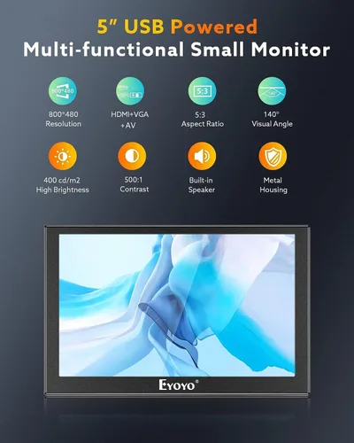 Vista 2 de Eyoyo Monitor de 5 pulgadas, 800x480 Mini TFT LCD Pantalla Pequeña Cámara Monitor de Vídeo 1/4 Agujero de Tornillo con Entrada de Video HDMI/VGA/AV