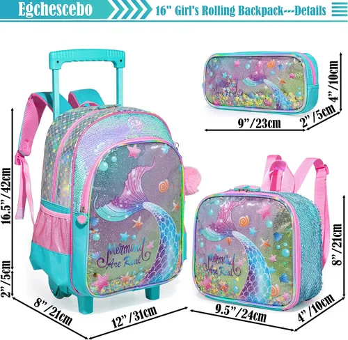 Vista 2 de Egchescebo Mochila de viaje para niños con ruedas transparentes para niñas, Blue-MRY, Mochilas tipo mochila