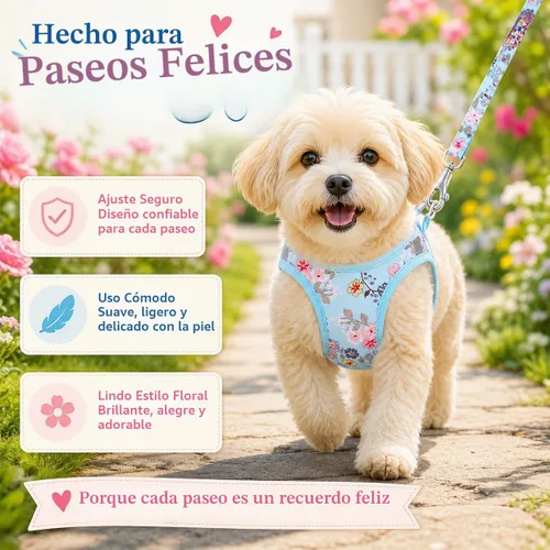 Vista 5 de Arnés para perro con correa, arnés reflectante para todo clima, sin tirones, con patrón floral, acolchado, malla para gatos, cachorros, perros