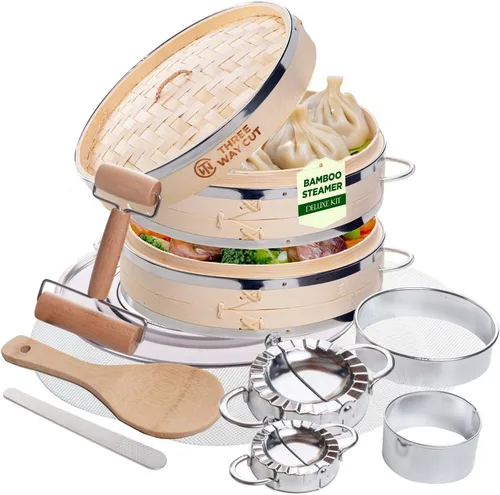 Vista 8 de Dumpling - Vaporera de Bambú de 10 Pulgadas, Canasta de Madera de 2 Niveles con Mango, Adaptador de Anillo, Forro de Silicona Reutilizable, Kit