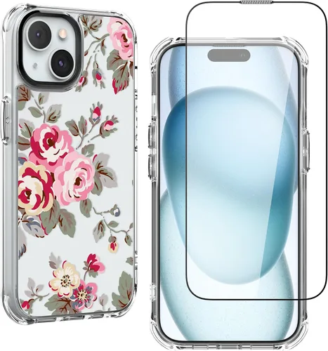 Vista 12 de Feitenn Funda para iPhone 15, policarbonato transparente + TPU suave a prueba de golpes, diseño de flores Beatuy con protector de pantalla de vidrio