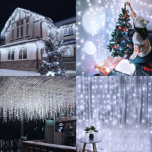 Vista 7 de Luces LED de Navidad para exteriores, decoraciones de Navidad, luz colgante de 400 LED, 8 modos, 75 gotas, impermeable, para interiores