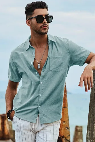 Vista 126 de JMIERR Camisas de vestir a rayas con botones y manga corta para hombre